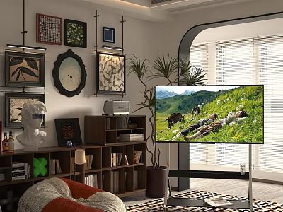 Modern Cozy Living Dining Room Interior With Artworks Bookshelf TV Plant And Rug 3d model