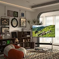 Modern Cozy Living Dining Room Interior With Artworks Bookshelf TV Plant And Rug