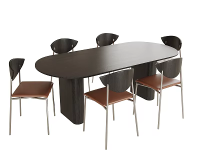 Modern Oval Dark Wooden Dining Table With Six Chairs Brown Seats Black Backrests Metal Legs 3d model