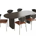 Modern Oval Dark Wooden Dining Table With Six Chairs Brown Seats Black Backrests Metal Legs