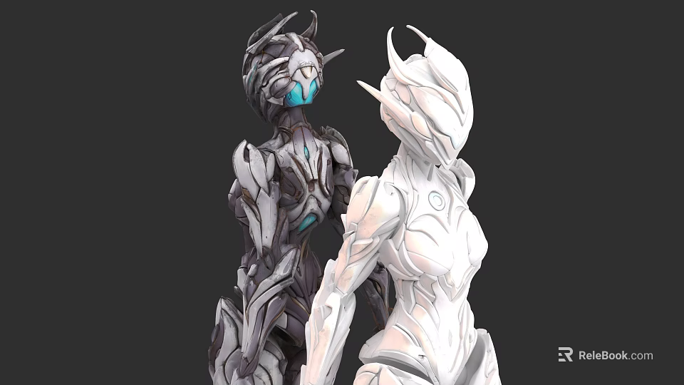 Futuristic Game Movie Character With White And Dark Armored Design And Blue Glowing Details 3d model 