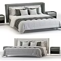 Modern Double Bed With Striped Bedspread Gray Pillows And Matching Nightstands 3d model