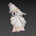 Woman With Pink Hair And Cake Headpiece In Elegant White Pink Dress