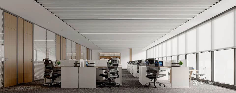 Modern Public Office Space Interior With Open Workstations Computers Office Chairs And Large Windows 3d model