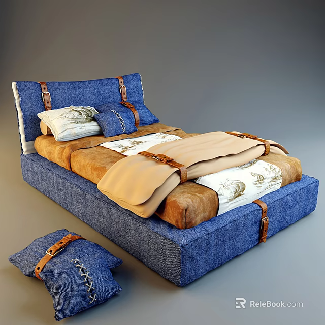 Blue Double Bed with Brown Straps and Brown Beige Blankets Pillows and Small Matching Pillow 3d model 