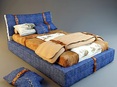 Blue Double Bed with Brown Straps and Brown Beige Blankets Pillows and Small Matching Pillow 3d model