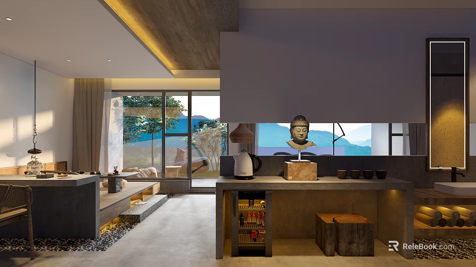Modern Hotel Guest Room With Spacious Layout Large Windows Natural View And Wooden Accents 3d model 