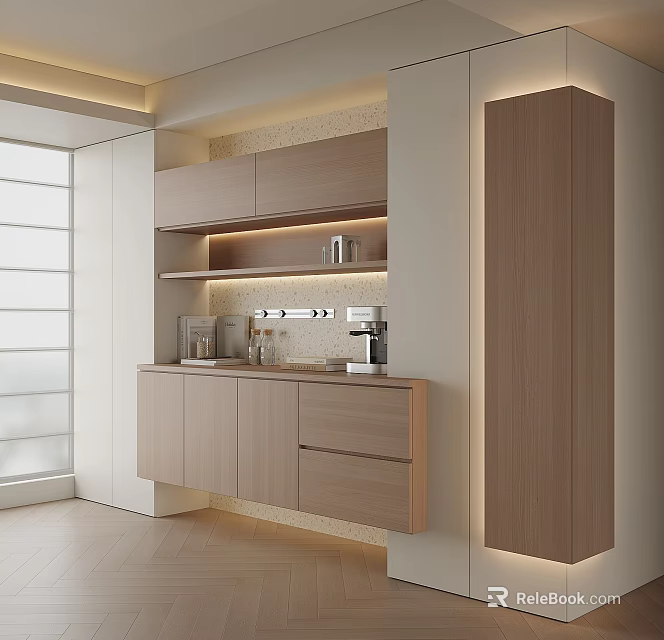 Modern Light Wood Sideboard With Upper Cabinets Open Shelves LED Lighting And Coffee Machine 3d model