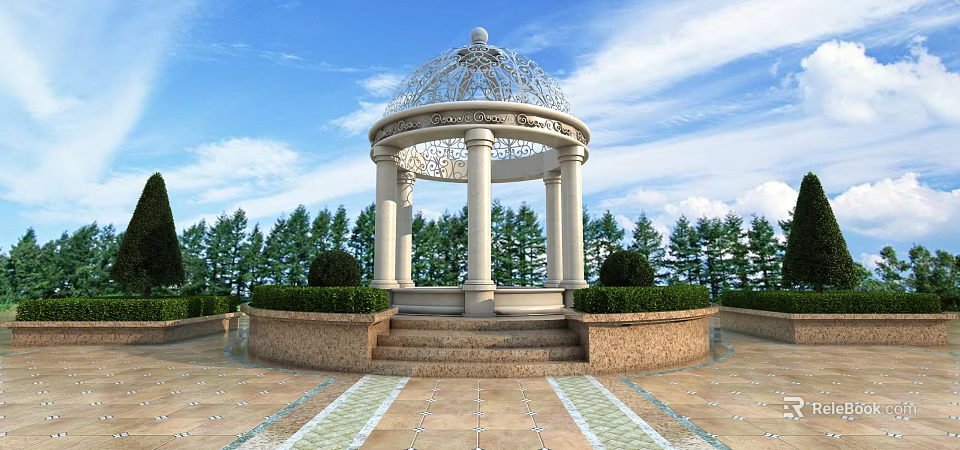 Elegant White Domed Gazebo With Ornate Columns Surrounded By Greenery And Trees Under Blue Sky 3d model 