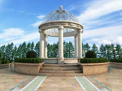Elegant White Domed Gazebo With Ornate Columns Surrounded By Greenery And Trees Under Blue Sky 3d model