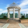 Elegant White Domed Gazebo With Ornate Columns Surrounded By Greenery And Trees Under Blue Sky