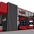 Modern Black Red Exhibition Booth Design With SUCESS Branding And Display Elements 3d model