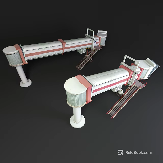 Two Industrial Conveyor Structures With Support Pillars And Red Stripes Design 3d model 