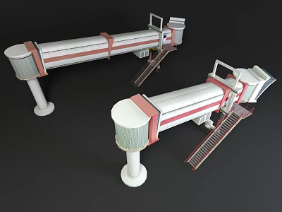 Two Industrial Conveyor Structures With Support Pillars And Red Stripes Design 3d model