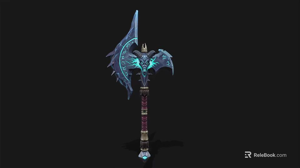 Ornate Glowing Axe With Blue Luminous Details Wing Like Structure And Purple Gold Handle 3d model 