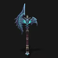 Ornate Glowing Axe With Blue Luminous Details Wing Like Structure And Purple Gold Handle