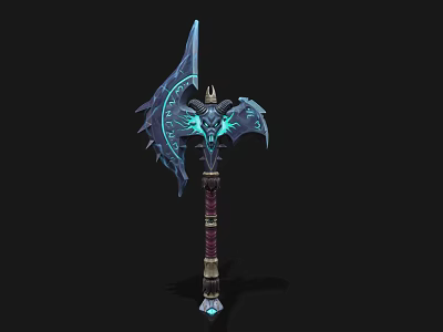 Ornate Glowing Axe With Blue Luminous Details Wing Like Structure And Purple Gold Handle 3d model