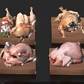 Various raw and cooked chicken pieces arranged on wooden display trays