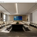 Modern Conference Room Interior With Long Table White Chairs Large Screen And Green Plant