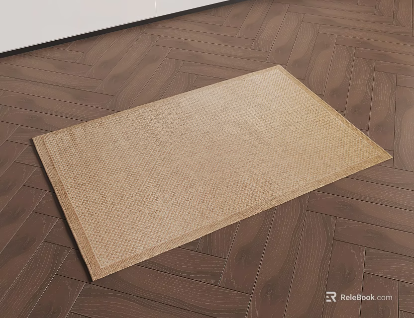 Light Brown Square Rug with Woven Texture on Herringbone Pattern Wooden Floor 3d model 