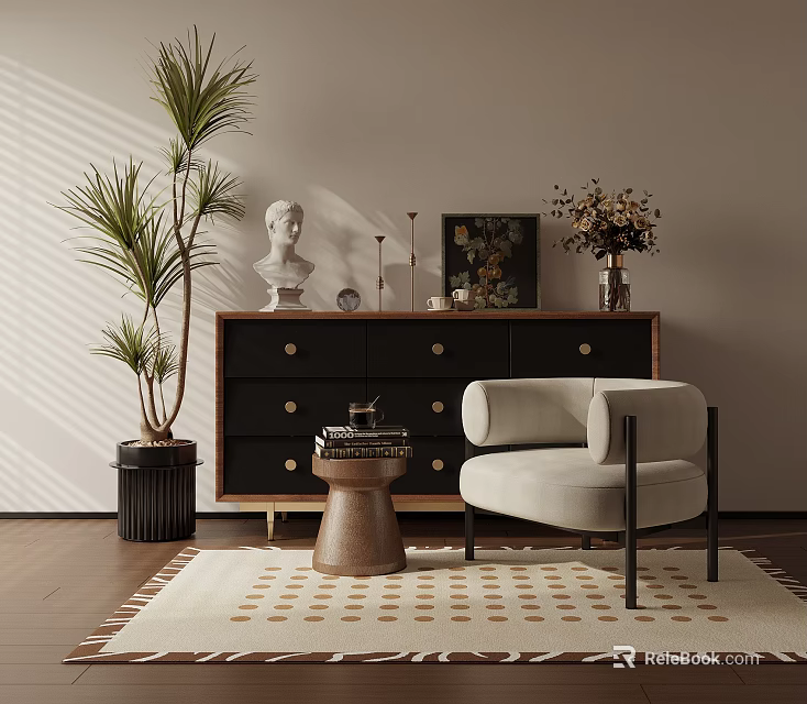 Modern Minimalist Accent Chair With Light Upholstery Black Metal Frame Wooden Dresser And Palm Plant 3d model 