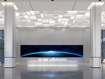 Modern Spacious Sales Office With Reception Counter And Display Screen 3d model