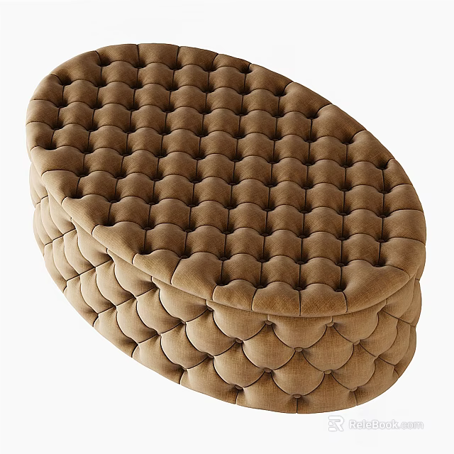 Oval Tufted Beige Velvet Ottoman With Quilted Design For Living Room 3d model 