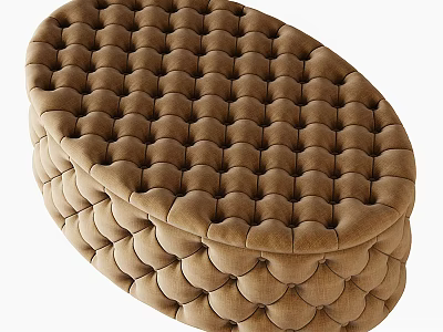 Oval Tufted Beige Velvet Ottoman With Quilted Design For Living Room 3d model