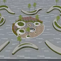 Curved Tree Planters With Green Lawns And Circular Central Area In Paved Outdoor Space