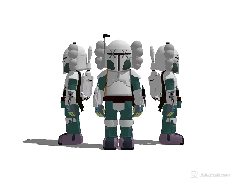 Three Robot Themed Dolls Featuring Front Back Side Views And White Green Purple Design Details 3d model 