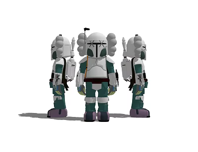 Three Robot Themed Dolls Featuring Front Back Side Views And White Green Purple Design Details 3d model