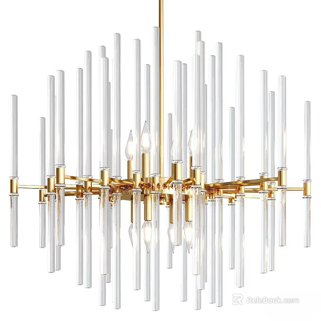 Modern Elegant Chandelier with Transparent Long Tubes and Gold Metal Frame Candle Bulbs Design 3d model 