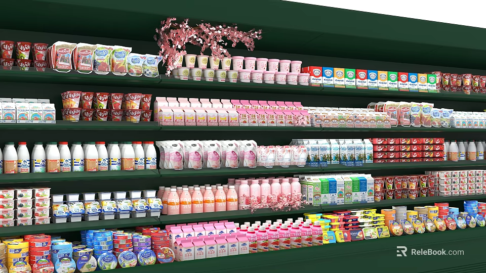 Supermarket Shelves with Assorted Beverages Dairy Products and Other Goods Neatly Arranged 3d model 
