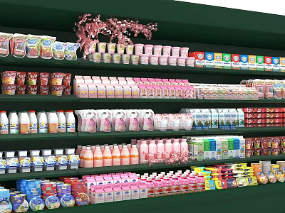 Supermarket Shelves with Assorted Beverages Dairy Products and Other Goods Neatly Arranged 3d model