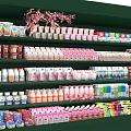 Supermarket Shelves with Assorted Beverages Dairy Products and Other Goods Neatly Arranged