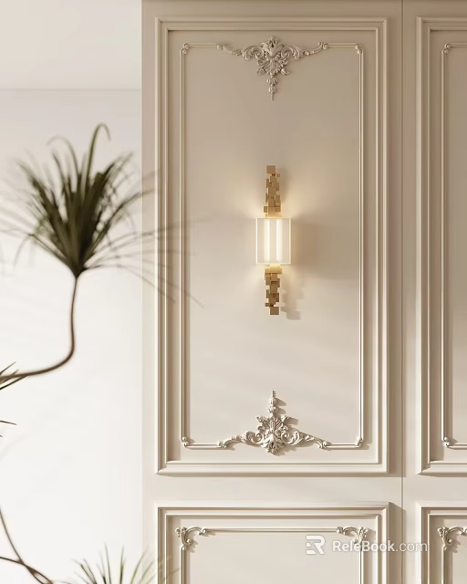 Elegant Wall Lamp on White Wall with Ornate Molding and Green Plant 3d model 