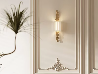 Elegant Wall Lamp on White Wall with Ornate Molding and Green Plant 3d model