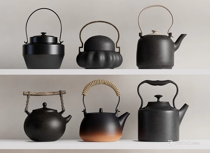 Collection of Six Black Tea Kettles with Various Designs and Different Handles Including Gradient Color 3d model 