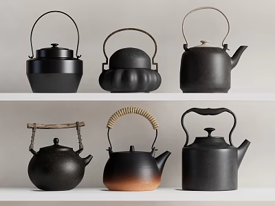 Collection of Six Black Tea Kettles with Various Designs and Different Handles Including Gradient Color 3d model