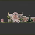 Cartoon Scene of Ancient Ruin Model with Courtyard Grass Lawn Pathway and Trees