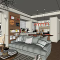 Cozy Living and Dining Room Interior With Chandelier Sofa Dining Table And Wooden Floor