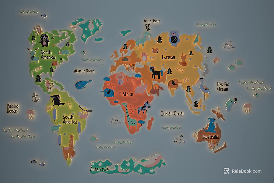 Colorful World Map Wall Decor with Animal Icons and Continent Labels 3d model 