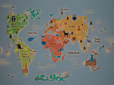 Colorful World Map Wall Decor with Animal Icons and Continent Labels 3d model
