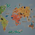 Colorful World Map Wall Decor with Animal Icons and Continent Labels