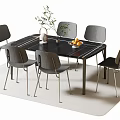 Modern Minimalist Dining Table Set With Rectangular Table Grey Chairs Green Plant And Fruit Bowl 3d model