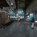 Industrial Museum Interior Featuring Large Vintage Equipment Display Boards And Visitors