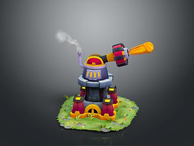 Colorful Turret Weapon With Smoke Pipe Yellow Cannon Barrel On Green Grass Base With Flowers 3d model