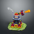 Colorful Turret Weapon With Smoke Pipe Yellow Cannon Barrel On Green Grass Base With Flowers