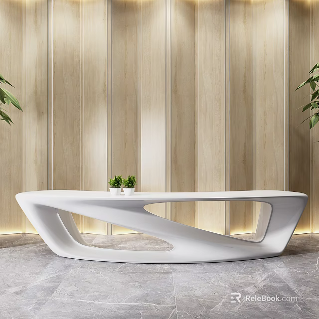 Modern White Reception Desk With Sleek Curved Structure Wooden Striped Wall And Small Plants 3d model 
