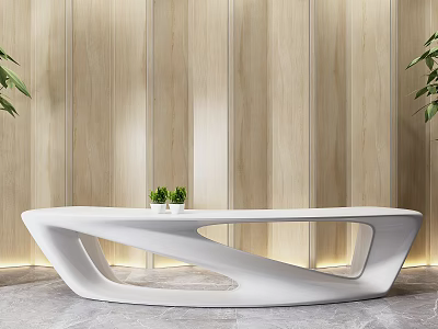 Modern White Reception Desk With Sleek Curved Structure Wooden Striped Wall And Small Plants 3d model